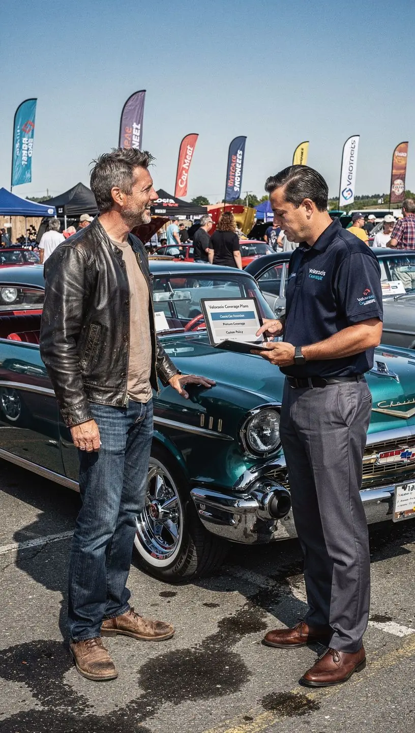 Mężczyzna rozmawiający z agentem ubezpieczeniowym w biurze.